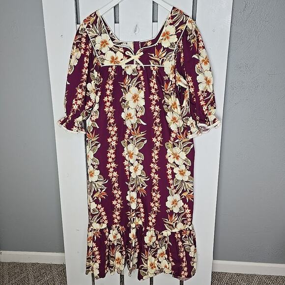 T&L Muumuu Factory Purple Orange Hawaiian Hibiscus Midi Flowy Dress Large Aloha - Picture 1 of 10